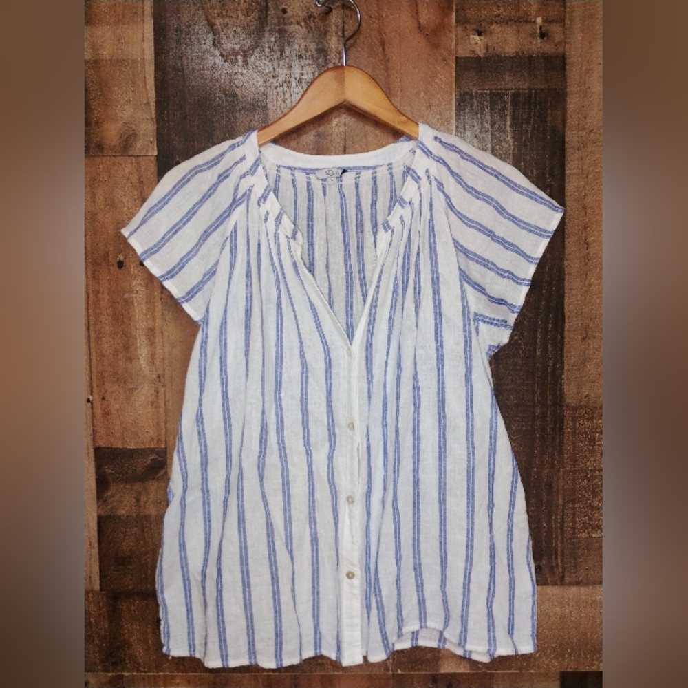 Rails Alena Villa Stripe Linen Blend Top Blue White Flutter Sleeve Size XL Women